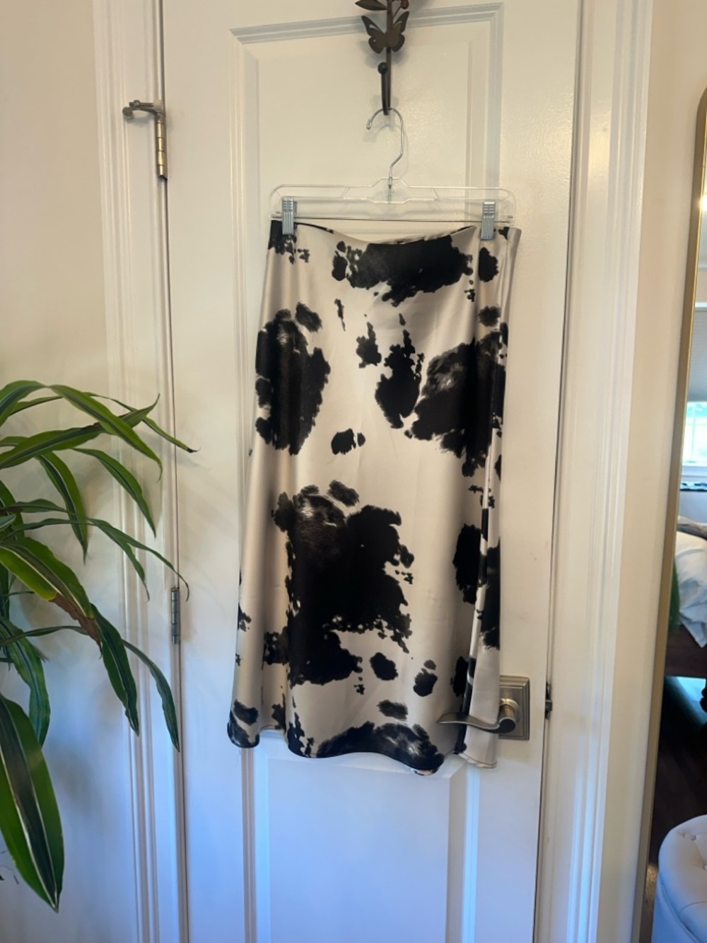 Cream Satin Midi Skirt with Black Abstract Spot Print